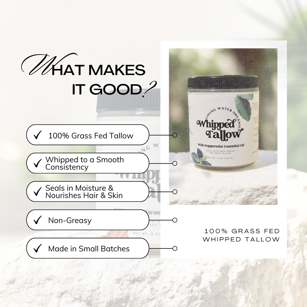 100% Grass Fed Whipped Tallow for Face, Hair, and Skin, Natural Tallow