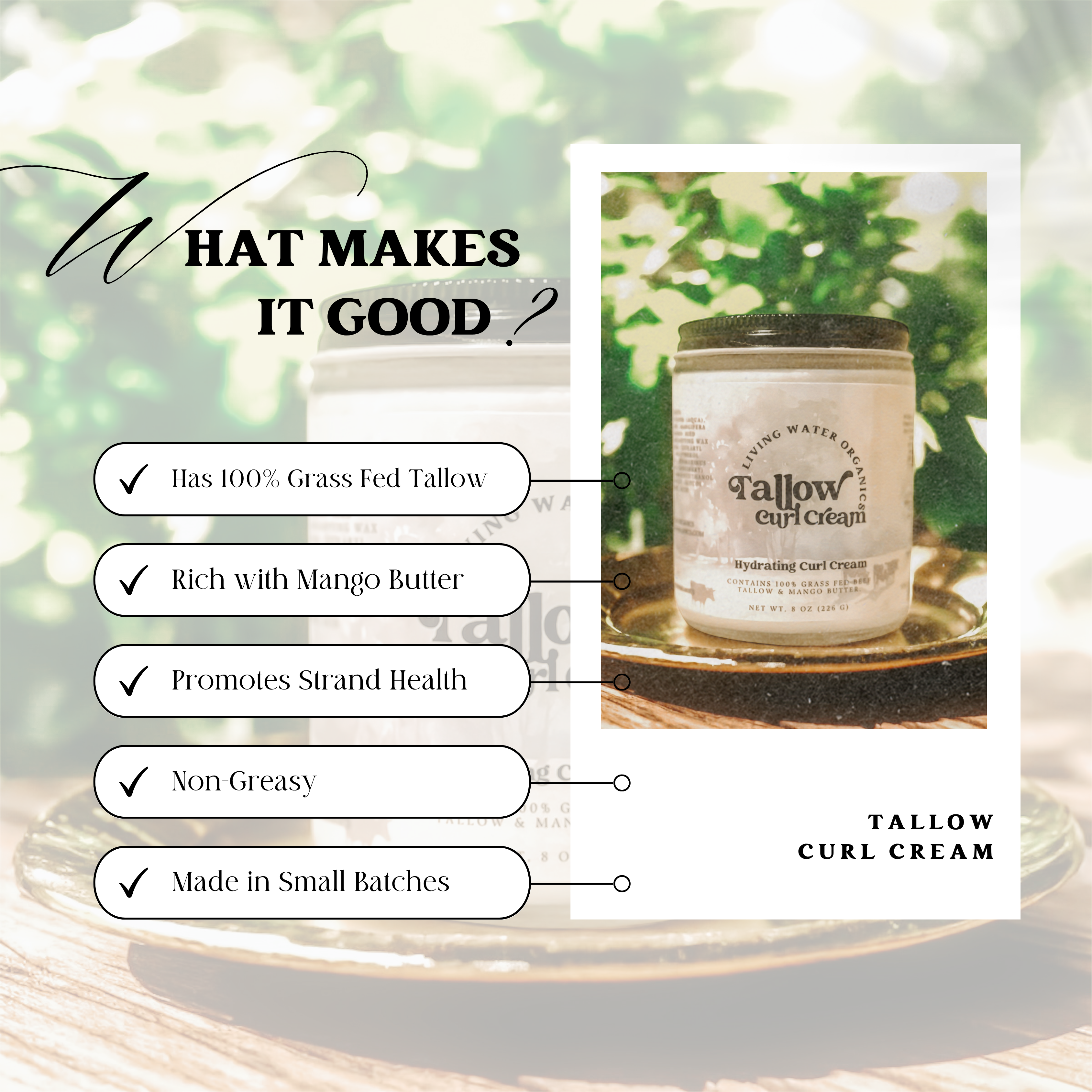 100% Grass Fed Tallow Curl Cream for Curly Hair (Promotes Repairing Damaged or Dry Hair)