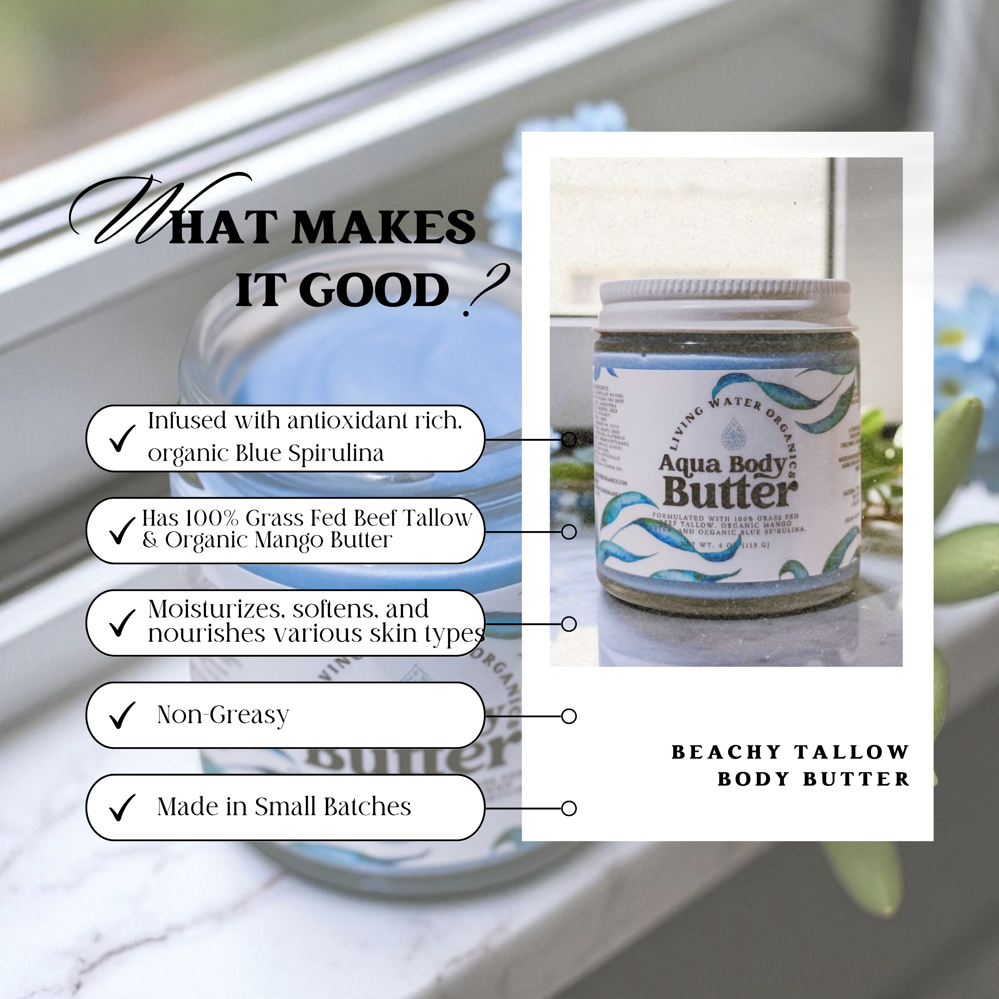 Beachy Tallow Body Butter with Organic Blue Spirulina and Grass Fed Tallow
